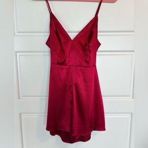 Altar'd State Satin V-Neck Sleeveless Romper in Berry Red